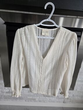 Easy Clothes Cream Open-Knit V-Neck Long Sleeve Blouse